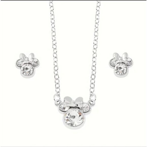 Silver Rhinestone Mickey Minnie Necklace Earrings Matching Set - Picture 1 of 6